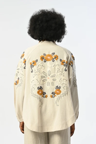 Arkası Ve Kolları Çiçek Nakışlı Kimono Ceket - 2