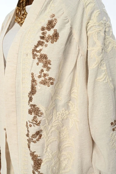 KADIN ÖNÜ VE KOLU PAYET NAKIŞLI KİMONO CEKET - 8