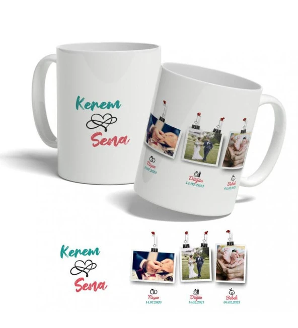 Nişan, Düğün, Bebek Temalı İsme Özel Kupa - Resim 3