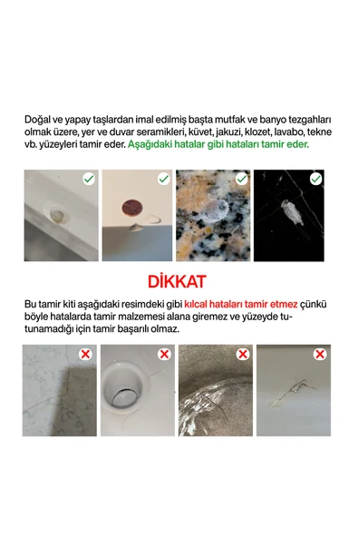 NNREPAIR Mermer, Granit, Mermerit, Fiberglas, Kuvars, Porselen, Akrilik, Seramik gibi Yüzeyler için Tamir - Resim 4
