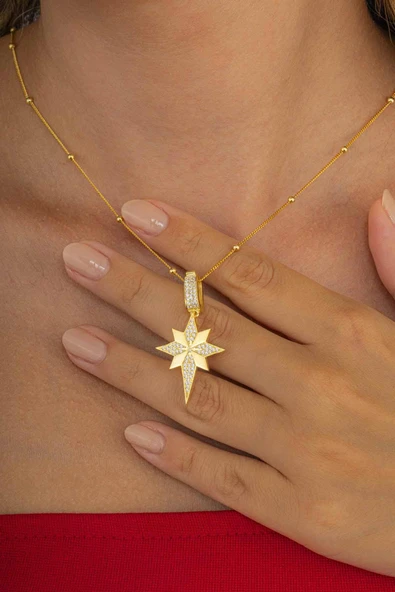 Gümüş Pazarım Altın Kaplama  Özel Tasarım Kutup Yıldızı Gümüş Kolye - Resim 2