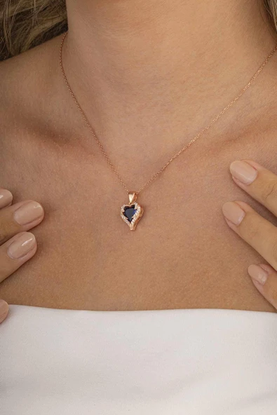 Gümüş Pazarım Özel Tasarım Safir Taşlı 925 Ayar Gümüş Kalp Kolye - 3