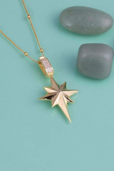 Gümüş Pazarım Altın Kaplama Kutup Yıldızı 925 Ayar Gümüş Kolye - Resim 4