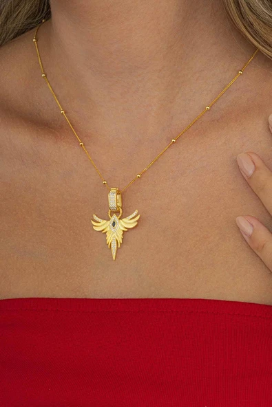 Gümüş Pazarım Altın Kaplama Safir Tek Taş Anka Gümüş Kolye - Resim 2