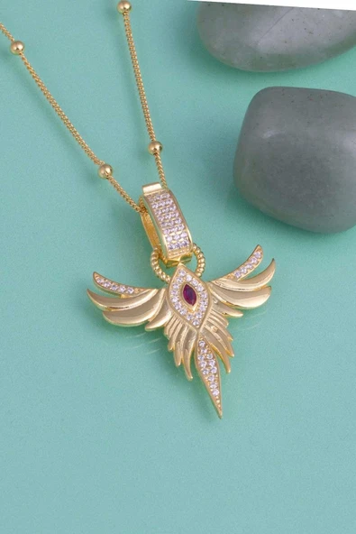 Gümüş Pazarım Altın Kaplama Yakut Renk Tek Taş Anka Gümüş Kolye - 4