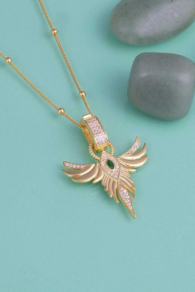 Gümüş Pazarım Altın Kaplama Zümrüt Renk Tek Taş Anka Gümüş Kolye - Resim 4