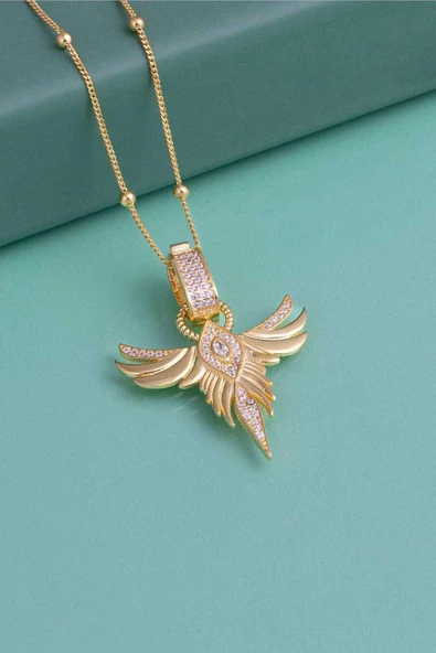 Gümüş PazarımAltın Kaplama Tek Taş Anka Gümüş Kolye - Resim 4