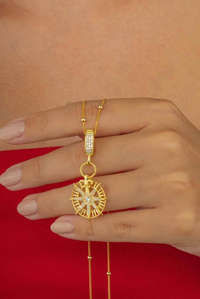 Gümüş Pazarım Altın Kaplama Yuvarlak Kuzey Yıldızı Pusula Gümüş Kolye - Resim 2