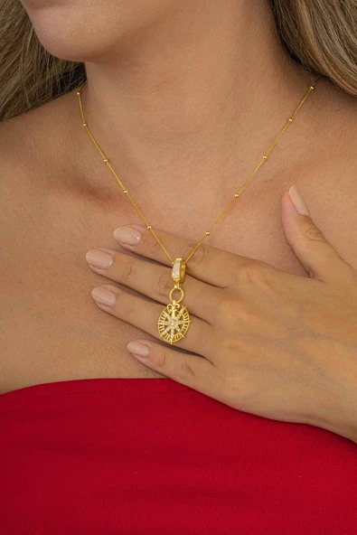 Gümüş Pazarım Altın Kaplama Yuvarlak Kuzey Yıldızı Pusula Gümüş Kolye ürün görseli 1