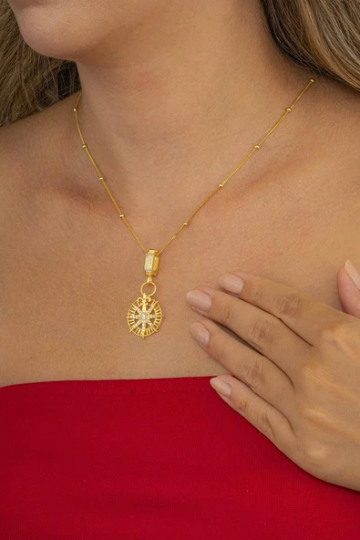 Gümüş Pazarım Altın Kaplama Yuvarlak Kuzey Yıldızı Pusula Gümüş Kolye - Resim 3