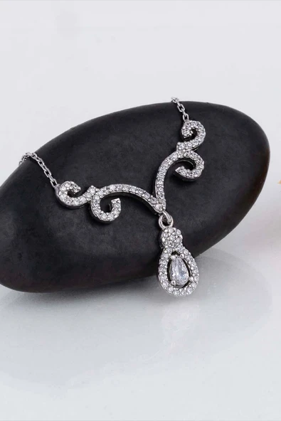 Gümüş Pazarım Pırlanta Model Beyaz Damla Taşlı 925 Ayar Gümüş Kolye - Resim 6