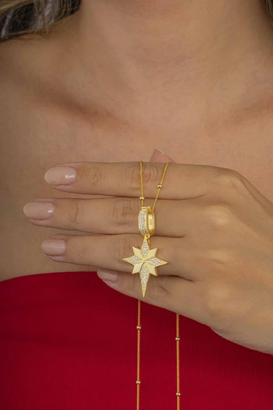 Gümüş Pazarım Altın Kaplama  Özel Tasarım Kutup Yıldızı Gümüş Kolye - Resim 3