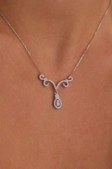 Gümüş Pazarım Pırlanta Model Beyaz Damla Taşlı 925 Ayar Gümüş Kolye - Resim 5