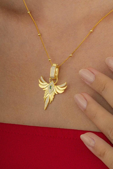 Gümüş Pazarım Altın Kaplama Zümrüt Renk Tek Taş Anka Gümüş Kolye ürün görseli 1