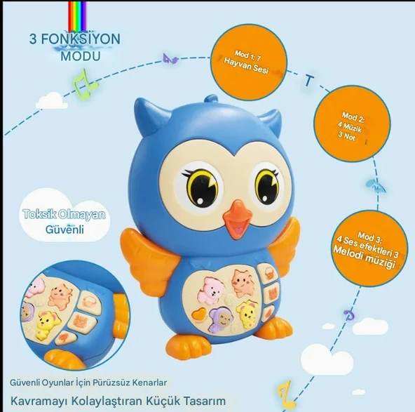 Baykuş Eğitici Bebek Piyanosu - Mavi