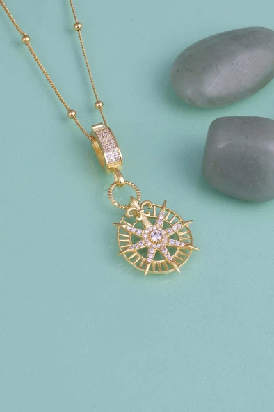 Gümüş Pazarım Altın Kaplama Yuvarlak Kuzey Yıldızı Pusula Gümüş Kolye - Resim 4