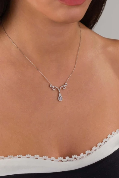 Gümüş Pazarım Pırlanta Model Beyaz Damla Taşlı 925 Ayar Gümüş Kolye - Resim 3