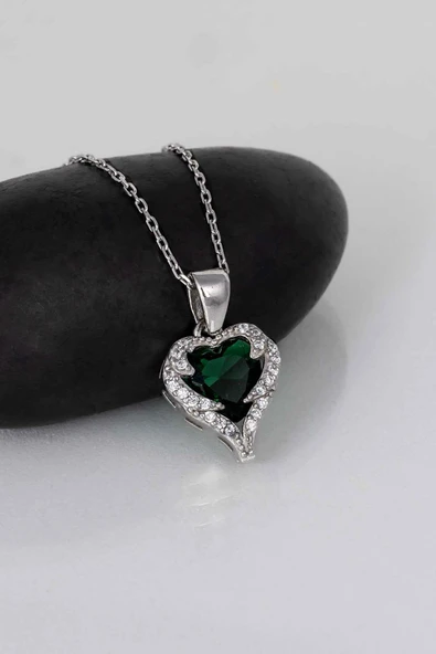 Gümüş Pazarım Özel Tasarım Yeşil Taşlı 925 Ayar Gümüş Kalp Kolye - 4