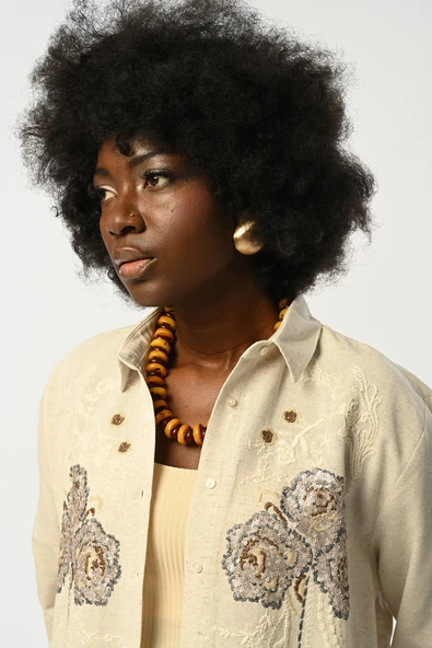 Pullu Nakışlı Oversıze Kesim Natur Renk Gömlek - 2