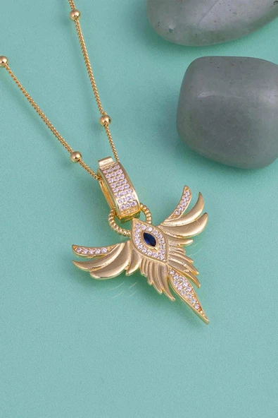 Gümüş Pazarım Altın Kaplama Safir Tek Taş Anka Gümüş Kolye - Resim 4