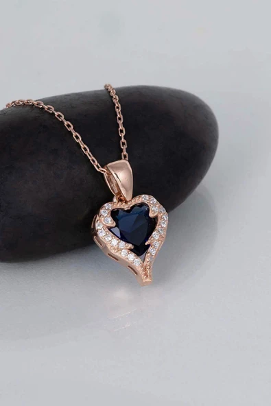 Gümüş Pazarım Özel Tasarım Safir Taşlı 925 Ayar Gümüş Kalp Kolye - 4