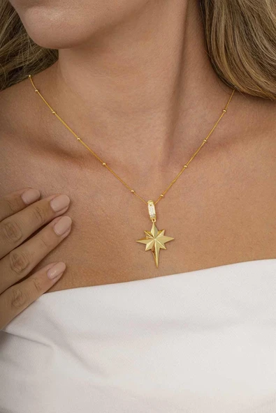 Gümüş Pazarım Altın Kaplama Kutup Yıldızı 925 Ayar Gümüş Kolye - Resim 2