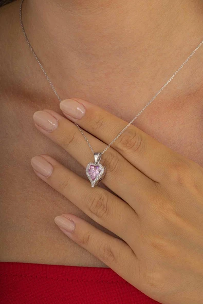 Gümüş Pazarım Özel Tasarım Pembe Taşlı 925 Ayar Gümüş Kolye - Resim 3