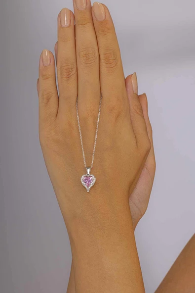 Gümüş Pazarım Özel Tasarım Pembe Taşlı 925 Ayar Gümüş Kolye - Resim 2