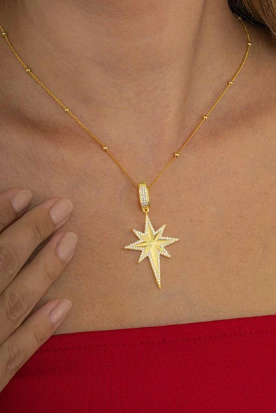 Gümüş Pazarım Taş Detaylı Altın Kaplama Top Zincirli 925 Ayar Gümüş Kutup Yıldızı Kolye - Resim 3