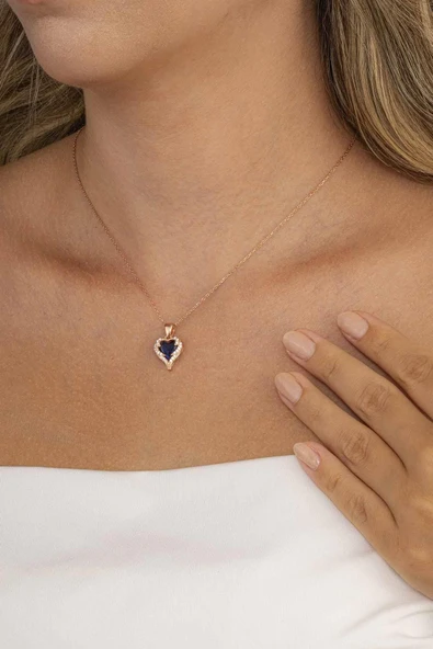 Gümüş Pazarım Özel Tasarım Safir Taşlı 925 Ayar Gümüş Kalp Kolye - 2