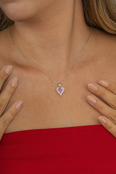 Gümüş Pazarım Özel Tasarım Pembe Taşlı 925 Ayar Gümüş Kolye ürün görseli 1