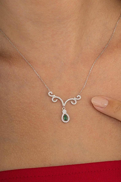 Gümüş Pazarım Pırlanta Model Yeşil Damla Taşlı 925 Ayar Gümüş Kolye - 3