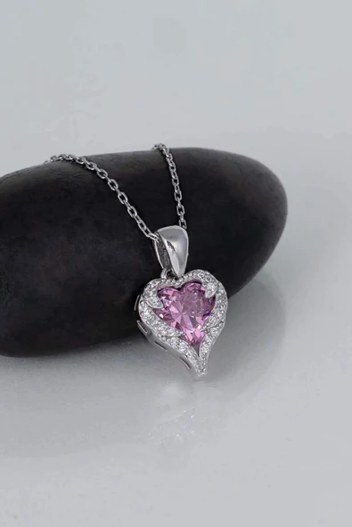 Gümüş Pazarım Özel Tasarım Pembe Taşlı 925 Ayar Gümüş Kolye - Resim 4