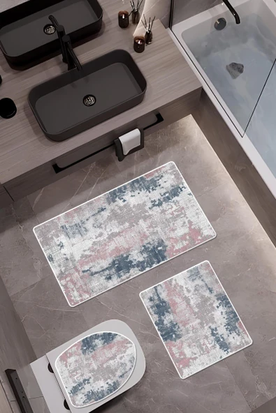 Bambu Kumaş Deri Tabanlı Yıkanabilir 3'lü Klozet Takımı Modern Desenli Kaymaz Banyo Paspas Seti BKLZ0004 RENKLİ 60 X 100 - 1
