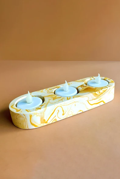 El Yapımı Sarı Mermer Desenli Beton Tealight Mumluk | Şamdan ve Dekoratif Masa Mumluğu - 1