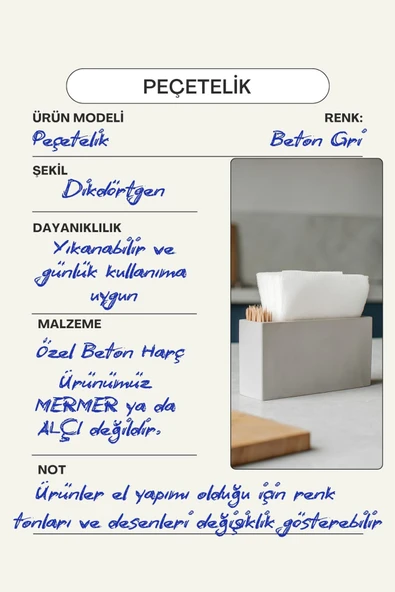 El Yapımı Beton Gri Alçı Peçetelik | Minimal Masa ve Mutfak Dekoru | Kafe & Bar İçin - 6