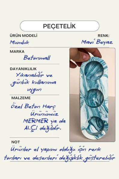Mavi Mermer Desenli El Yapımı 3 Gözlü Beton Mumluk | Minimalist Dekoratif Şamdan - 6