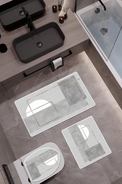Bambu Kumaş Deri Tabanlı Yıkanabilir 3'lü Klozet Takımı Modern Desenli Kaymaz Banyo Paspas Seti BKLZ0002 RENKLİ 60 X 100 - 1
