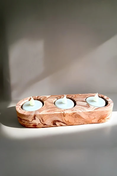 Kahverengi Mermer Desenli 3 Gözlü Beton Mumluk | Minimalist Tealight ve Dekoratif Şamdan - 1