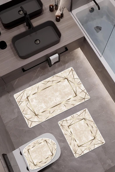 Bambu Kumaş Deri Tabanlı Yıkanabilir 3'lü Klozet Takımı Modern Desenli Kaymaz Banyo Paspas Seti BKLZ0003 RENKLİ 60 X 100 - 1