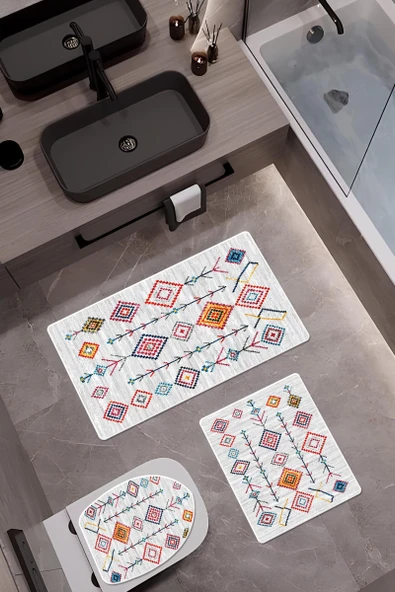 Bambu Kumaş Deri Tabanlı Yıkanabilir 3'lü Klozet Takımı Modern Desenli Kaymaz Banyo Paspas Seti BKLZ0006 RENKLİ 60 X 100 - 1
