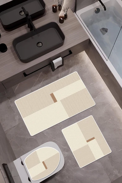 Bambu Kumaş Deri Tabanlı Yıkanabilir 3'lü Klozet Takımı Modern Desenli Kaymaz Banyo Paspas Seti BKLZ0001 RENKLİ 60 X 100 - 1