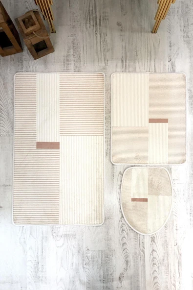 Bambu Kumaş Deri Tabanlı Yıkanabilir 3'lü Klozet Takımı Modern Desenli Kaymaz Banyo Paspas Seti BKLZ0001 RENKLİ 60 X 100 - 2