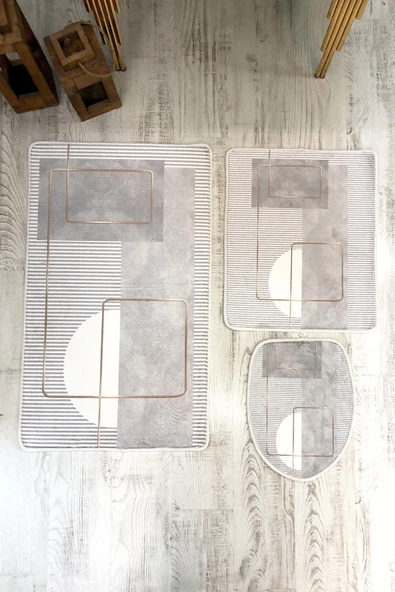 Bambu Kumaş Deri Tabanlı Yıkanabilir 3'lü Klozet Takımı Modern Desenli Kaymaz Banyo Paspas Seti BKLZ0002 RENKLİ 60 X 100 - 2