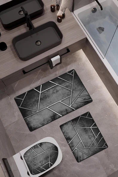 Bambu Kumaş Deri Tabanlı Yıkanabilir 3'lü Klozet Takımı Modern Desenli Kaymaz Banyo Paspas Seti BKLZ0007 RENKLİ 60 X 100 - 1