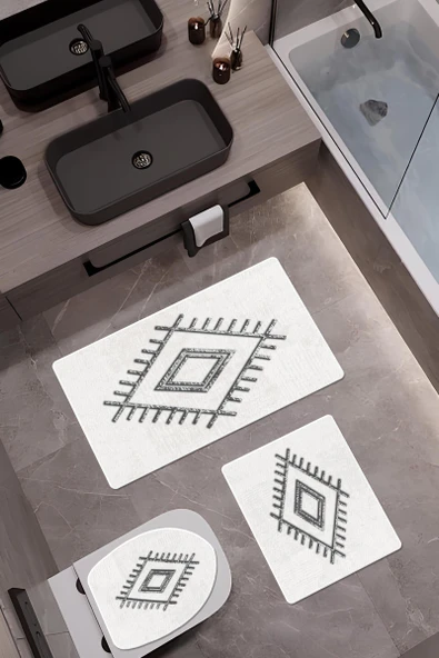 Bambu Kumaş Deri Tabanlı Yıkanabilir 3'lü Klozet Takımı Modern Desenli Kaymaz Banyo Paspas Seti BKLZ0009 RENKLİ 60 X 100 - 1