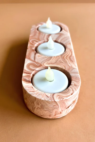 Kahverengi Mermer Desenli 3 Gözlü Beton Mumluk | Minimalist Tealight ve Dekoratif Şamdan - 6