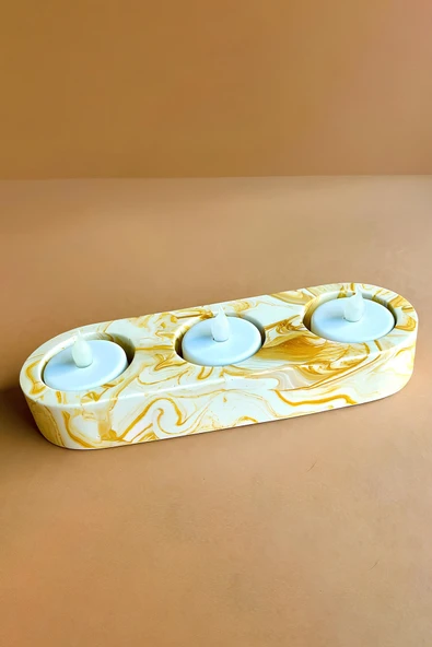 El Yapımı Sarı Mermer Desenli Beton Tealight Mumluk | Şamdan ve Dekoratif Masa Mumluğu - 3