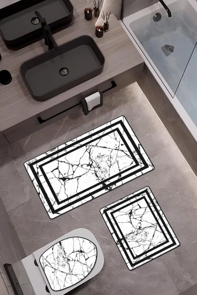 Bambu Kumaş Deri Tabanlı Yıkanabilir 3'lü Klozet Takımı Modern Desenli Kaymaz Banyo Paspas Seti BKLZ0005 RENKLİ 60 X 100 - 1