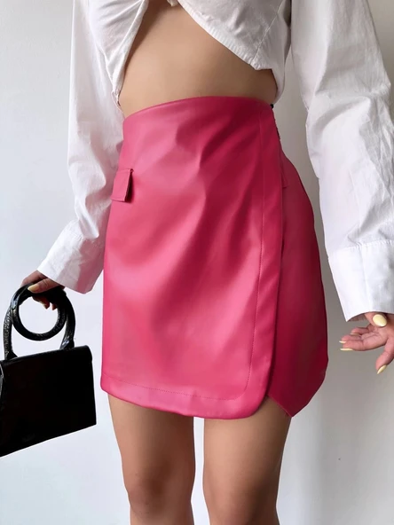 Cep detaylı oval kapaklı deri etek fuşya h240048 - 2